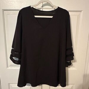 SHEIN Black V-Neck Blouse with Sheer Sleeves